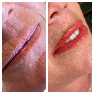 Woman's Face Before and After Permanent Makeup on Lips
